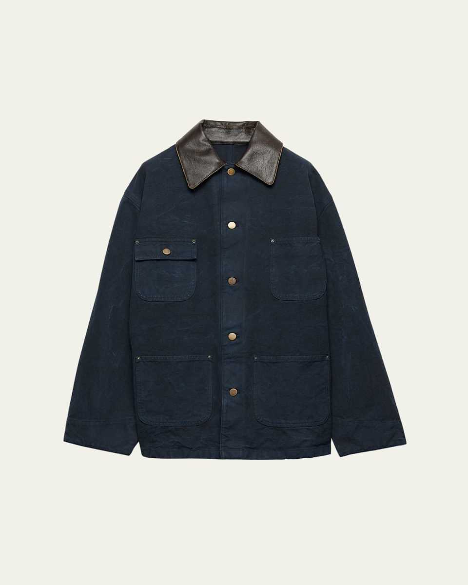 Leather-Collar Canvas Utility Jacket
